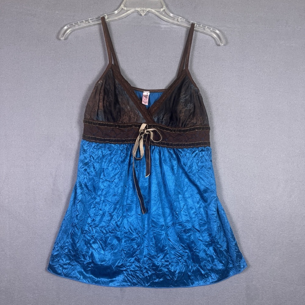 Dolled Up By Fang Blue Blouse With Velvet Womens Medium Grunge Baby Doll Top Y2K